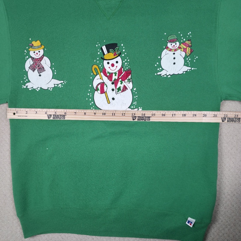 VTG 90s Russell Athletic Sweatshirt Large Women Green Snowman Christmas Holidays - Picture 9 of 12